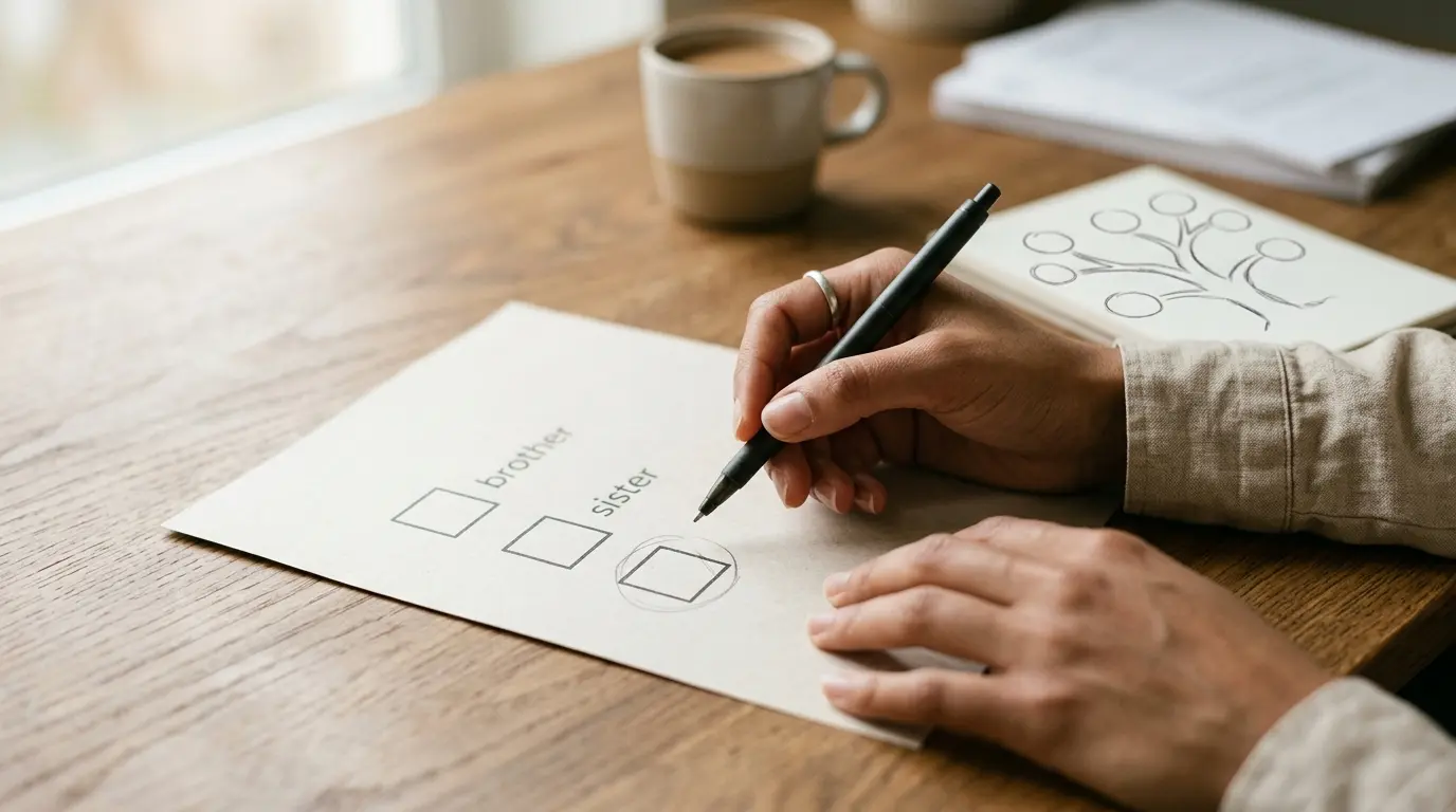 Couverture d'article sur l'adelphe def, montrant un formulaire inclusif avec des cases à cocher vides et des mains hésitantes.