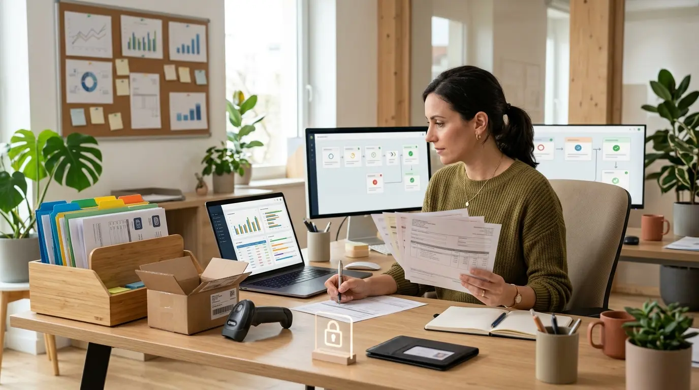 Scène photoréaliste d'un bureau moderne illustrant une back office description avec un professionnel examinant des documents.