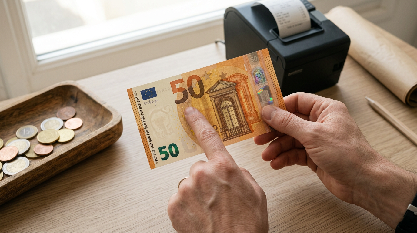 Deux mains vérifient un billet 50 euros à un comptoir, mettant en avant les textures et les éléments de sécurité.