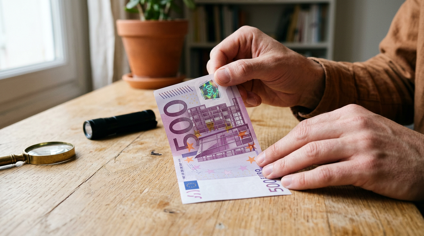 Personne vérifiant un billet 500 euros avec un hologramme et texture sur une table en bois clair, ambiance calme.