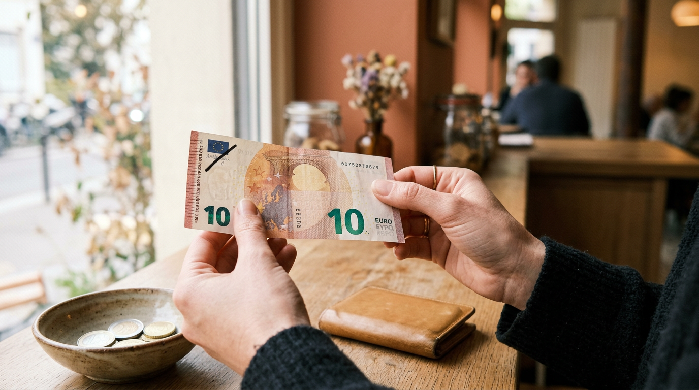 Billet marque au feutre noir tenu dans une main, vérification des caractéristiques de sécurité dans un café français.
