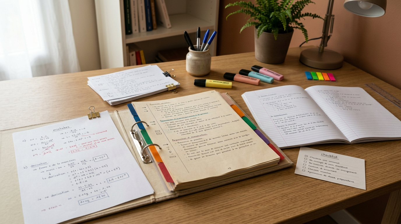 Cahier de prepa sur un bureau organisé avec notes, classeurs et fournitures dans une ambiance calme et chaleureuse.