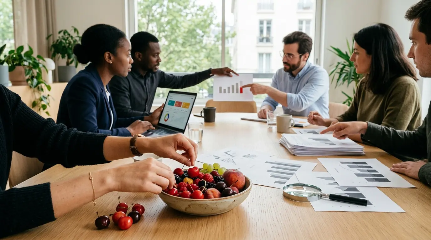 Mains sélectionnant des cerises rouges dans un bol, symbolisant le cherry pick de données dans une réunion d'équipe.