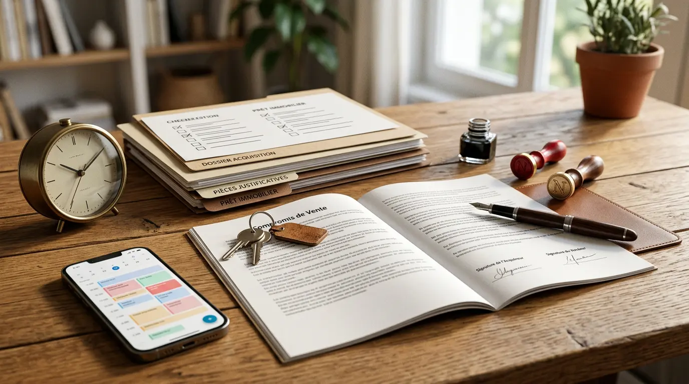 Bureau calme avec un compromis de vente délai, clés, stylo, sceau notarial et smartphone affichant un calendrier flou.
