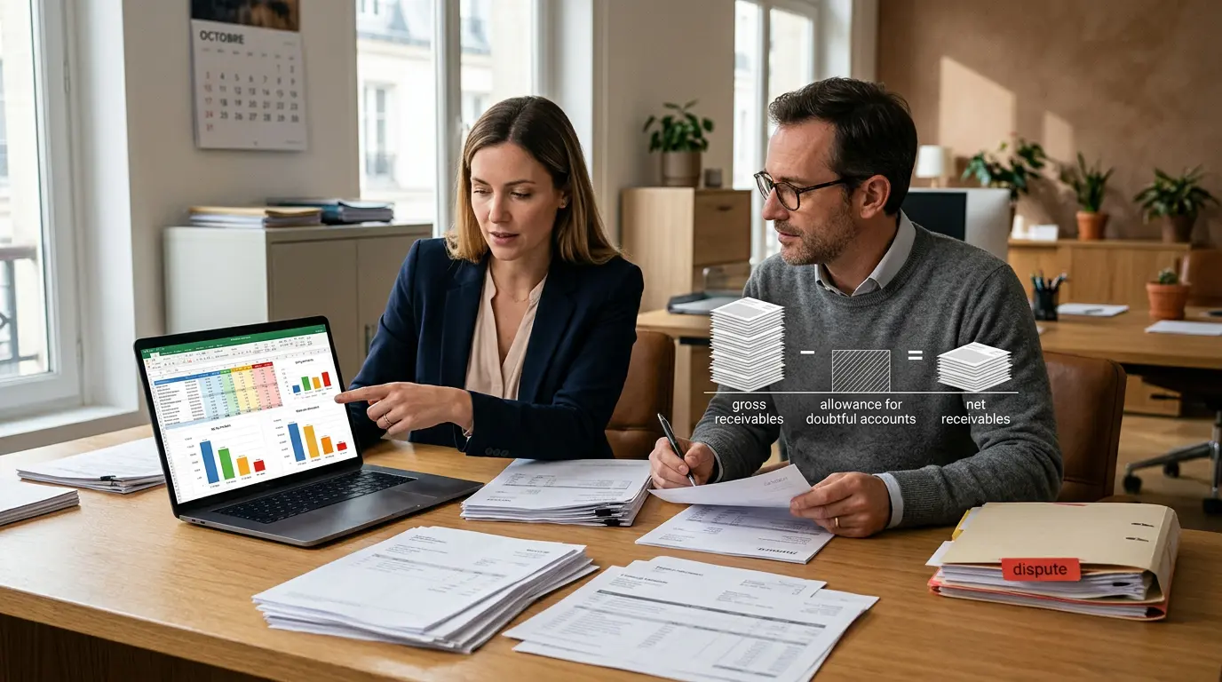 Équipe financière examinant la créance net avec des documents et un tableau de bord sur un bureau en bois.