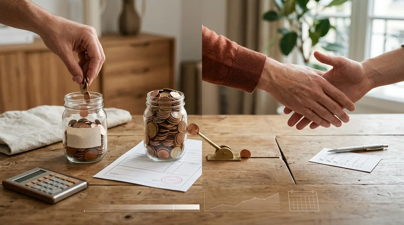 Scène de bureau illustrant l'effet d'aubaine avec des jars de pièces, un formulaire d'approbation et des éléments symboliques de dépenses.