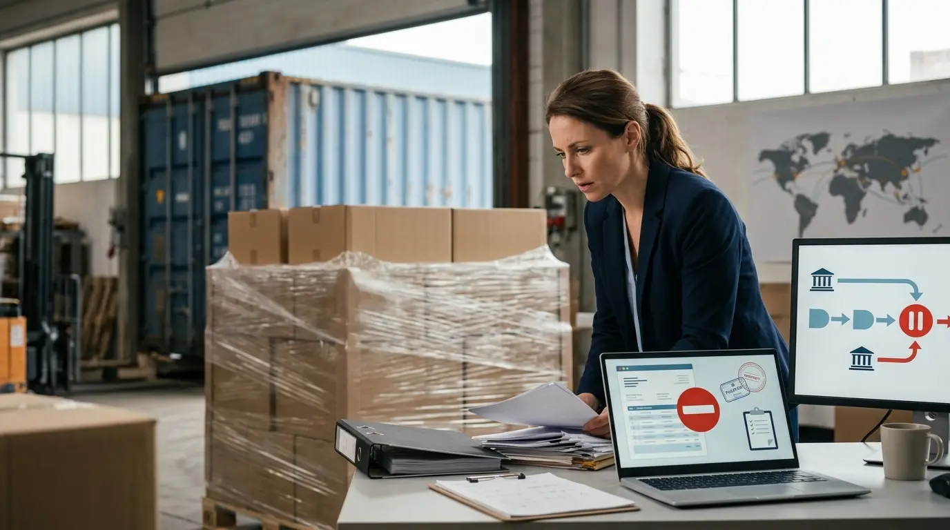Couverture illustrant un gestionnaire français face aux embargos, documents de transport et tension dans un bureau logistique.