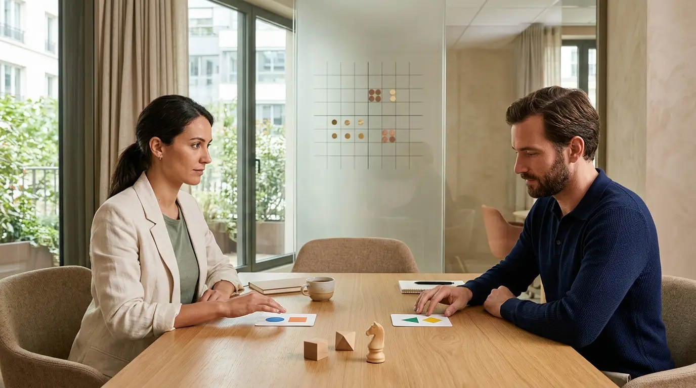 Professionnels en réunion illustrant l'équilibre de Nash, hésitant entre deux options stratégiques dans un cadre moderne.