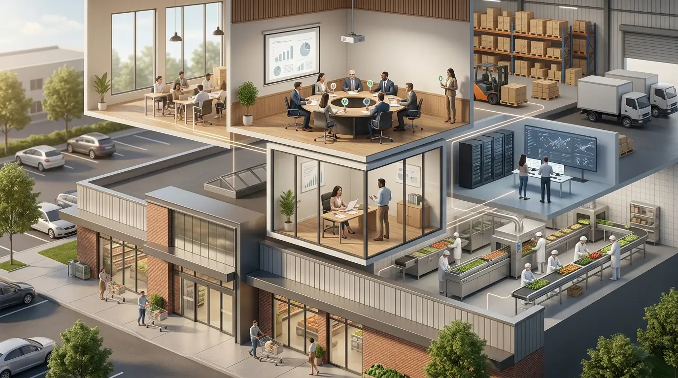 Facade moderne d'un supermarché avec des bureaux, réunions et logistique illustrant le groupement des mousquetaires.