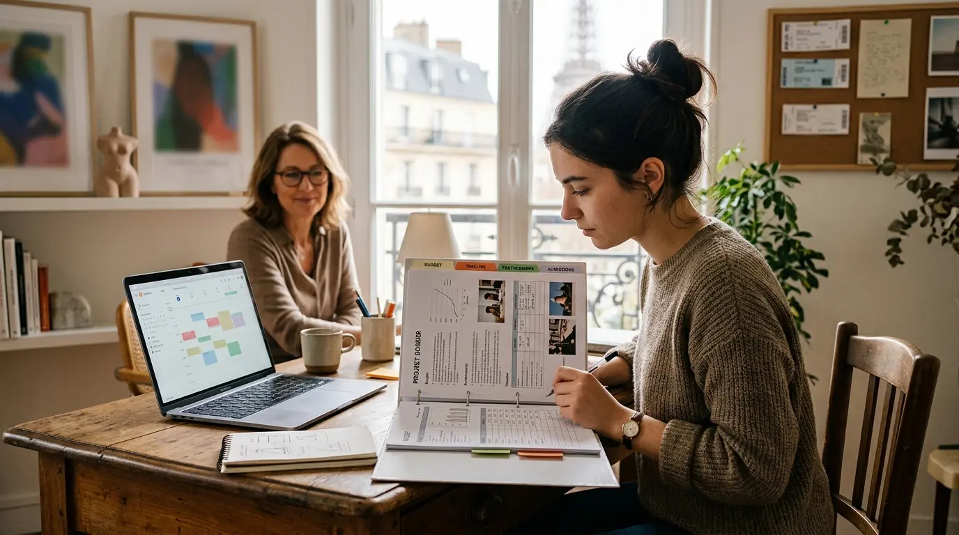 Jeune étudiant à un bureau en bois, examinant un dossier de projet dans un espace culturel inspiré par iesa paris.