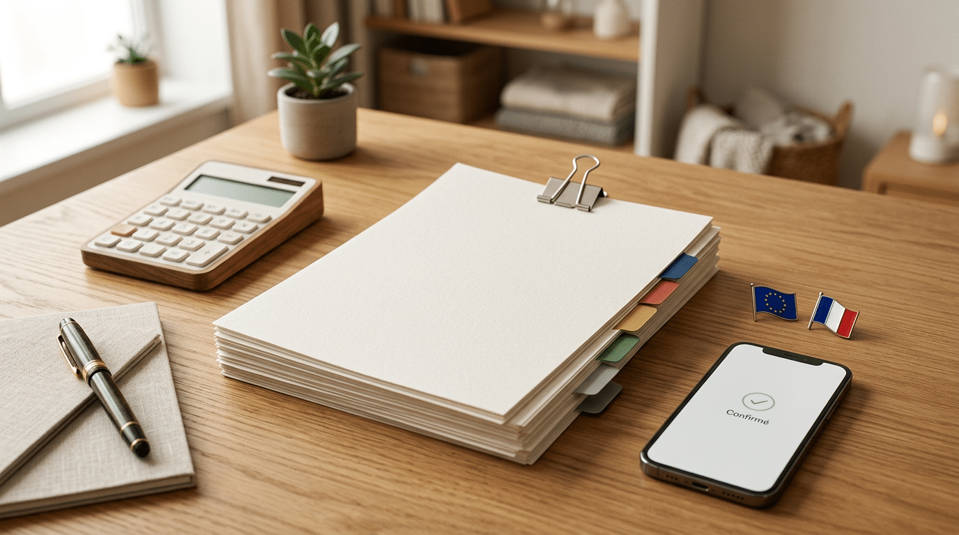 Couverture minimaliste d'article sur invoice facture, bureau en bois avec documents, calculatrice et drapeaux EU et France.