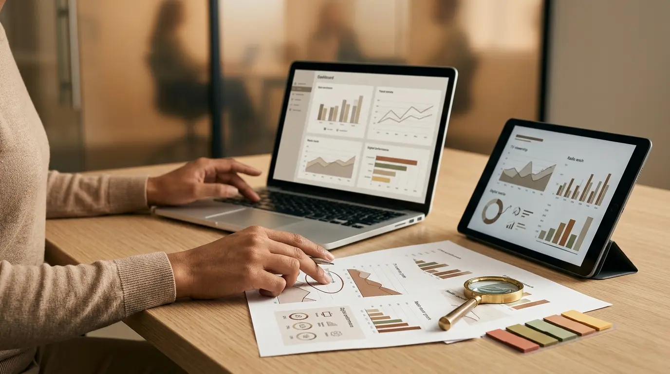 Bureau moderne avec un analyste comparant des données de la kantar media company sur un ordinateur et une tablette.