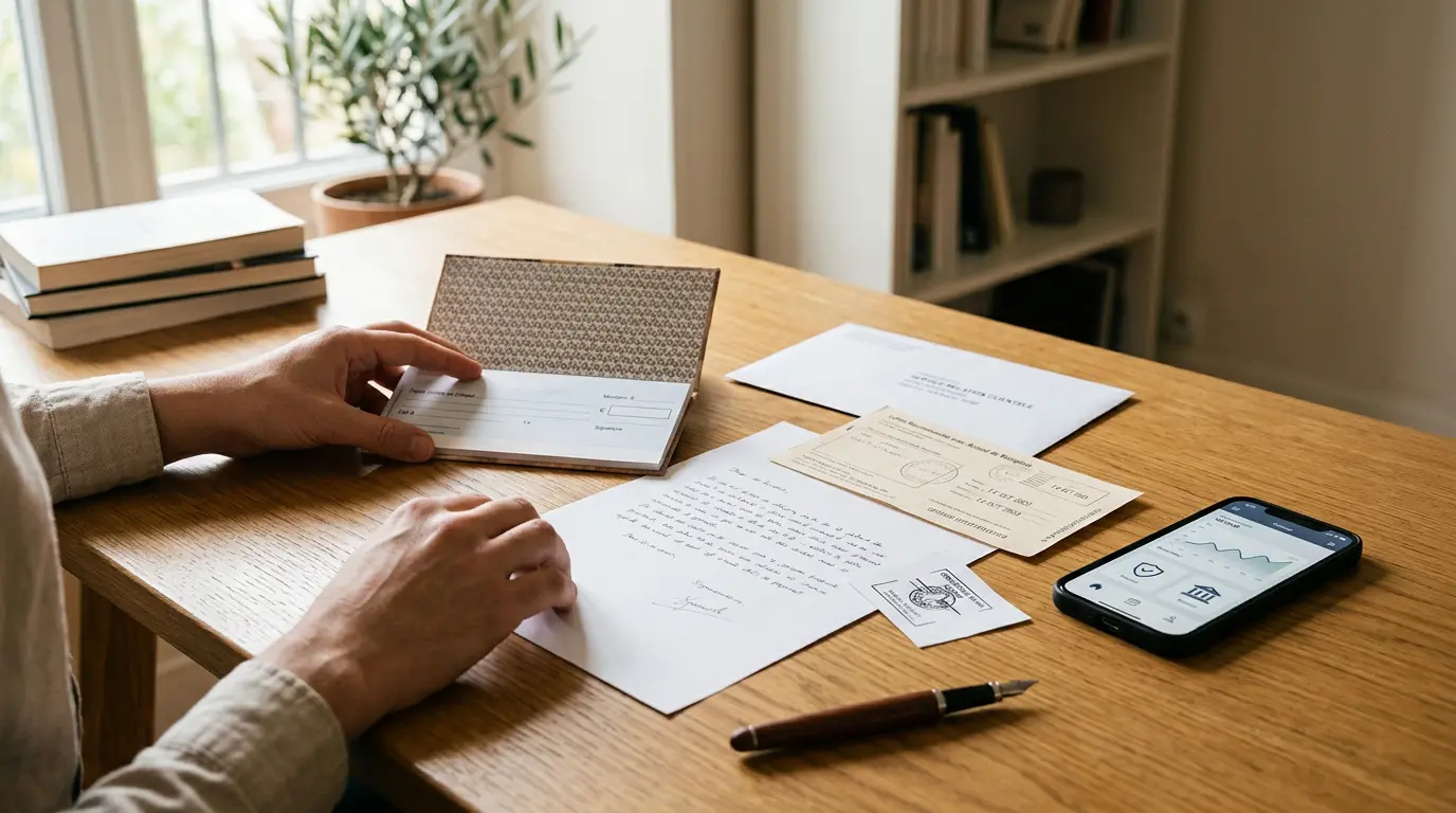 Scène administrative avec une lettre de désistement chèque, un chéquier ouvert et des documents organisés sur un bureau.