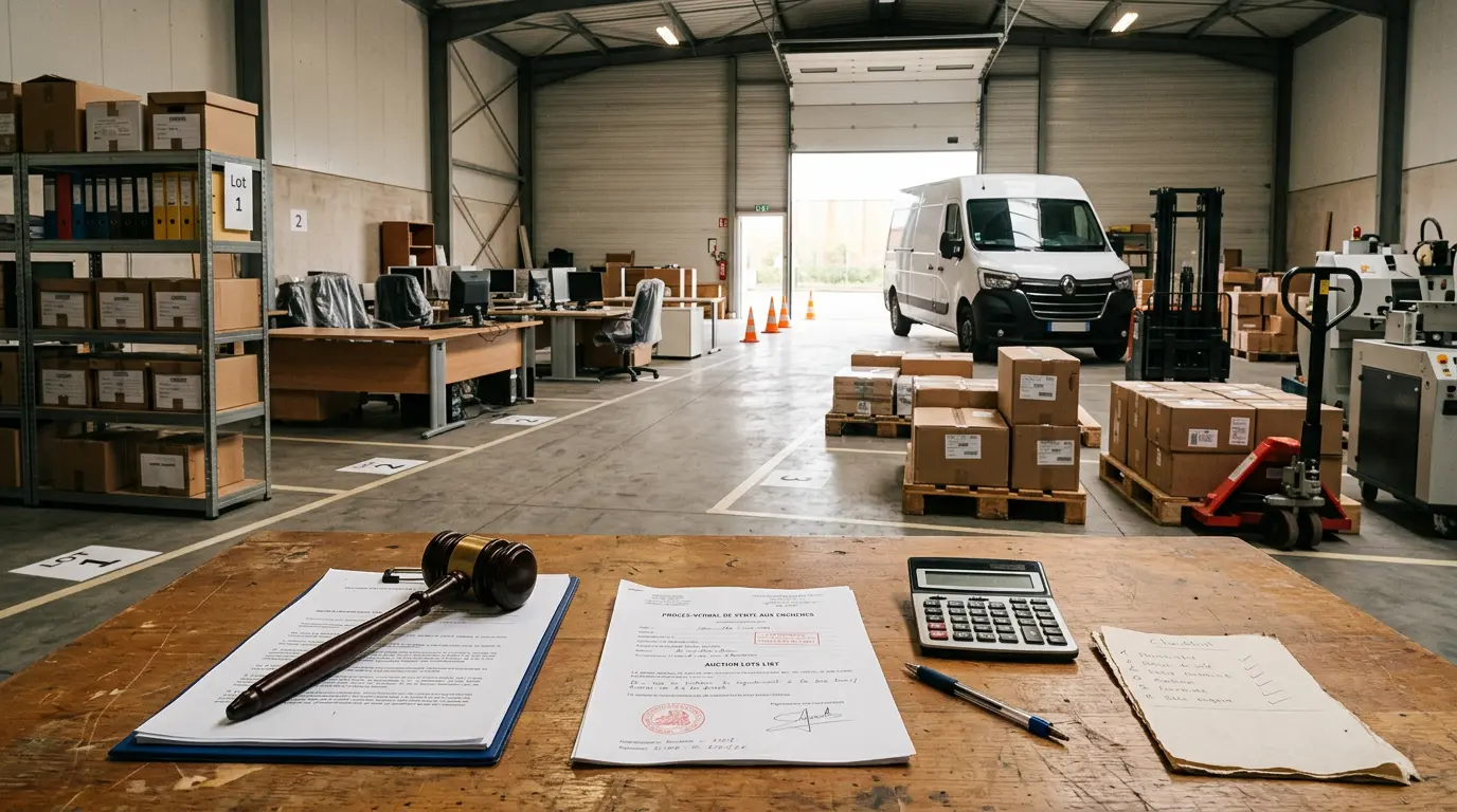 Intérieur d'un entrepôt de liquidation judiciaire vente enchere avec bureaux, machines et lots prêts pour l'enchère.