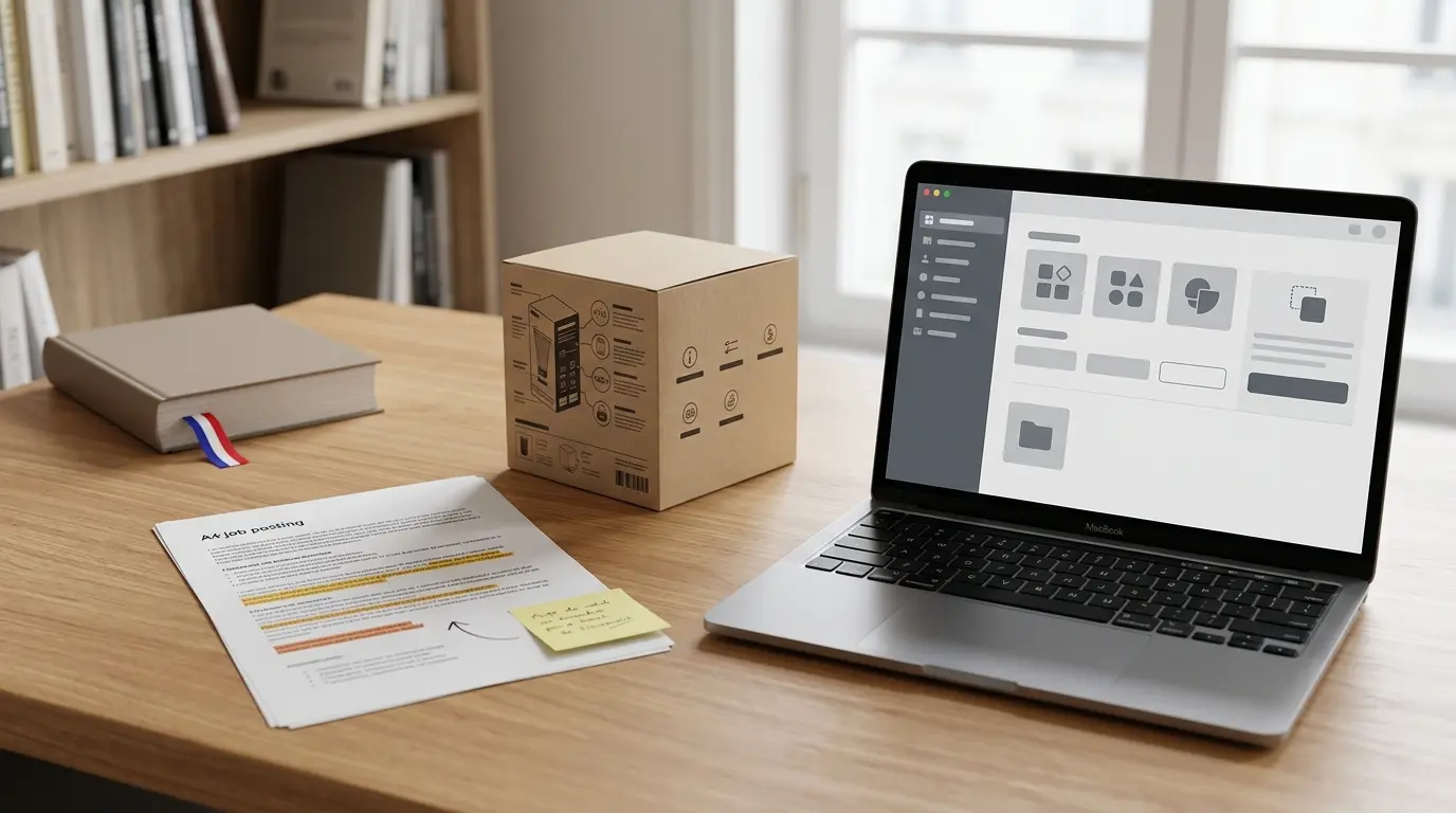 Bureau moderne illustrant les lois toubon avec documents, ordinateur et produit, évoquant la conformité linguistique en France.