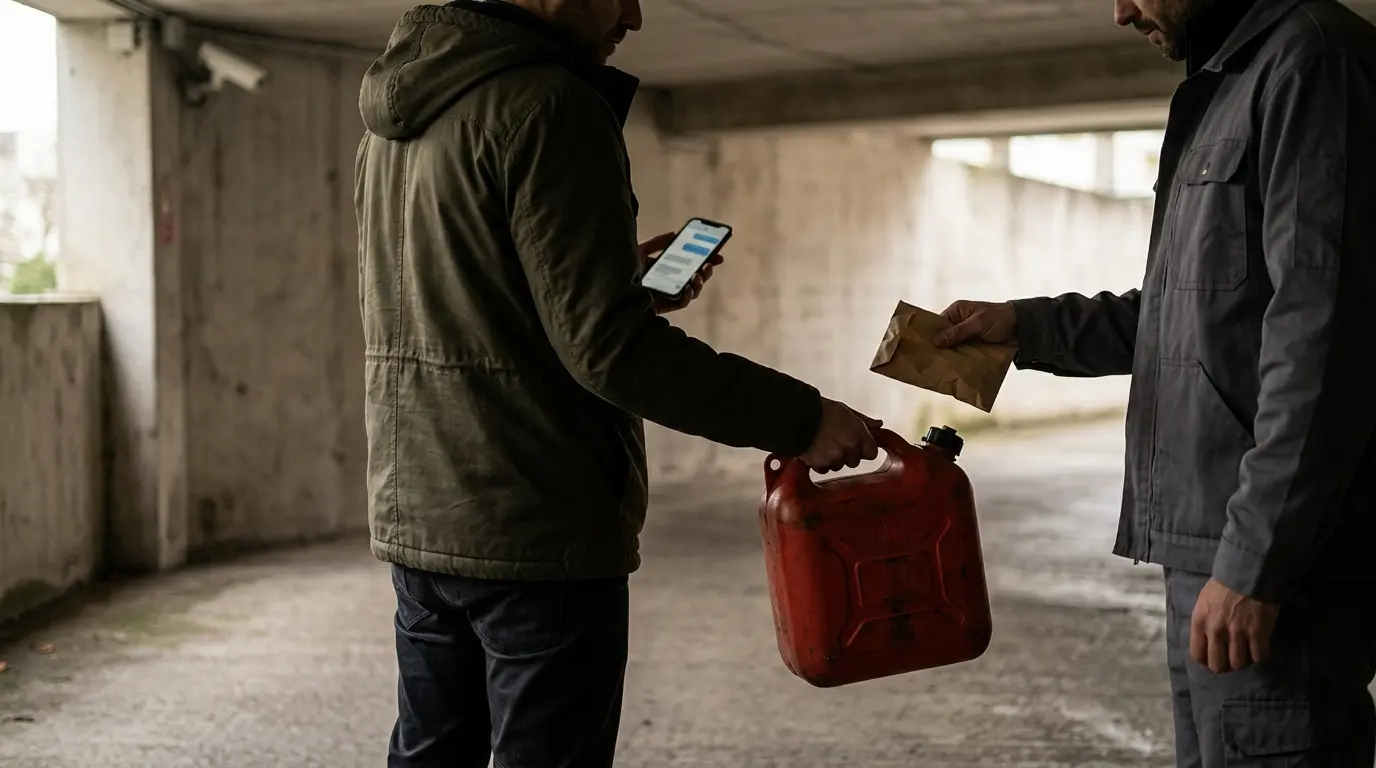 Échange discret dans un garage urbain illustrant le concept de marche noire avec des adultes anonymes et des biens non marqués.