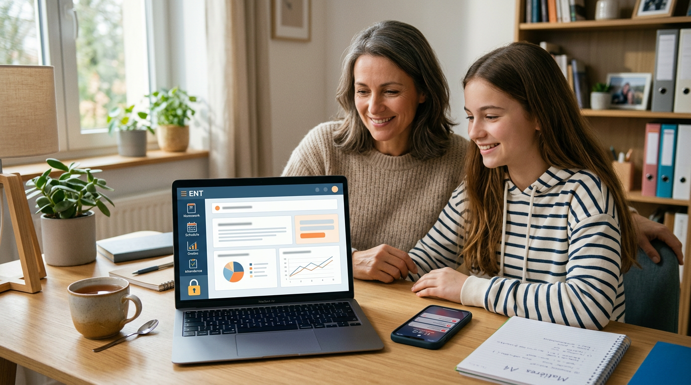 Bureau organisé avec un ordinateur et un smartphone, illustrant mon lycée connecté, parent et élève collaborant sereinement.