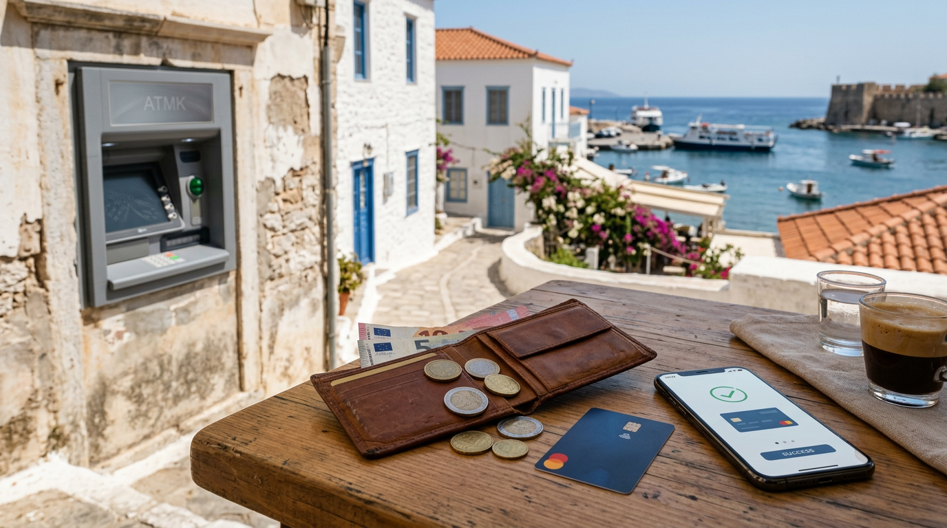 Table de café ensoleillée en Grèce avec portefeuille en cuir, euros, carte bancaire et smartphone, évoquant la monnaie grecque.