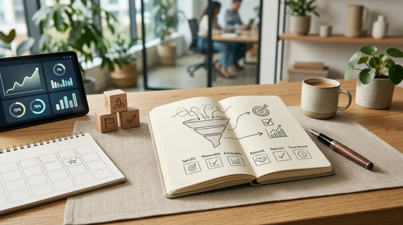 Bureau moderne avec un carnet ouvert, diagramme d'entonnoir et checklist SMART illustrant l'objectif définition.
