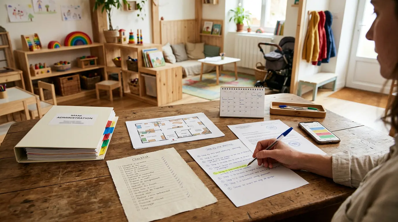 Scène réaliste d'un espace de travail pour ouvrir une mam, avec checklist, plans, documents et une salle d'accueil chaleureuse.