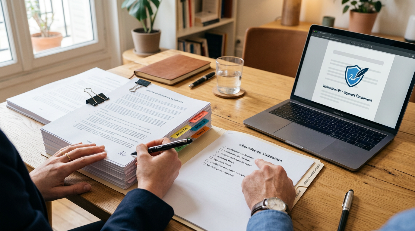 Main paraphe un document sur un contrat, avec un ordinateur et une ambiance professionnelle apaisante.