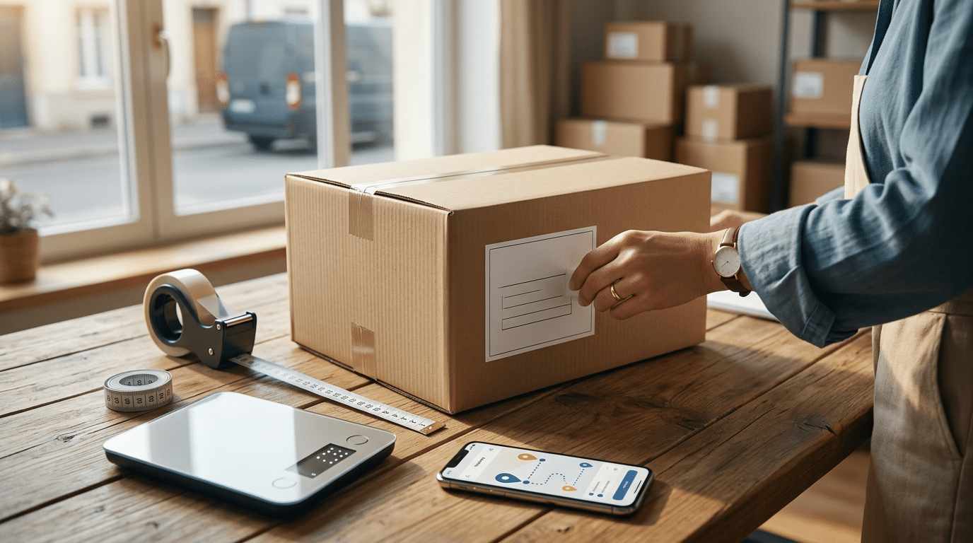 Boîte en carton soigneusement emballée sur une table, smartphone affichant le suivi Parcoureo, ambiance chaleureuse et organisée.