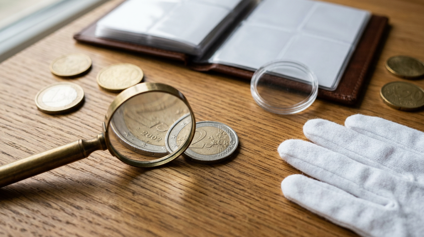 Close-up d'une pièce 2 euros 2002 sur un bureau en bois, avec loupe, gants et album de collection en arrière-plan.