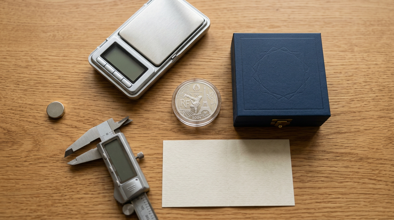 Authentique piece jo 2024 en capsule, boîte premium, certificat, balance et outils pour vérifier l'authenticité sur table en bois.