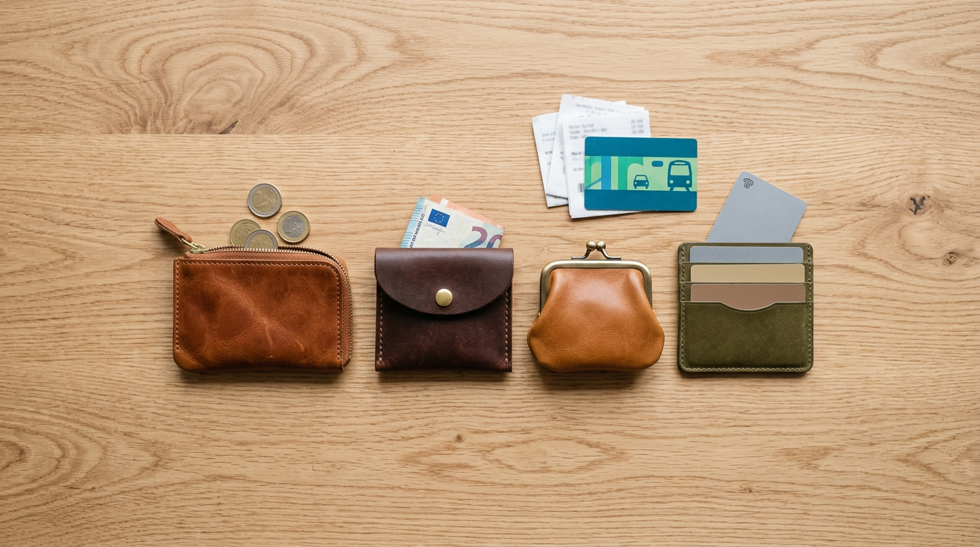 Porte-monnaie en cuir, porte-cartes et reçus sur une table en chêne clair, mettant en avant le savoir-faire artisanal.