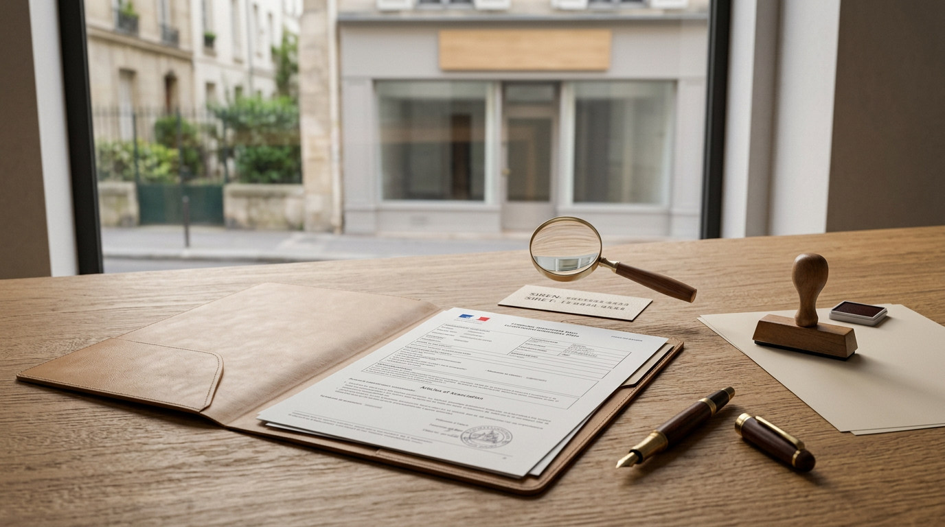 Scène minimaliste de vérification d'identité d'entreprise, illustrant la raison sociale d'une entreprise, quest ce que c'est.