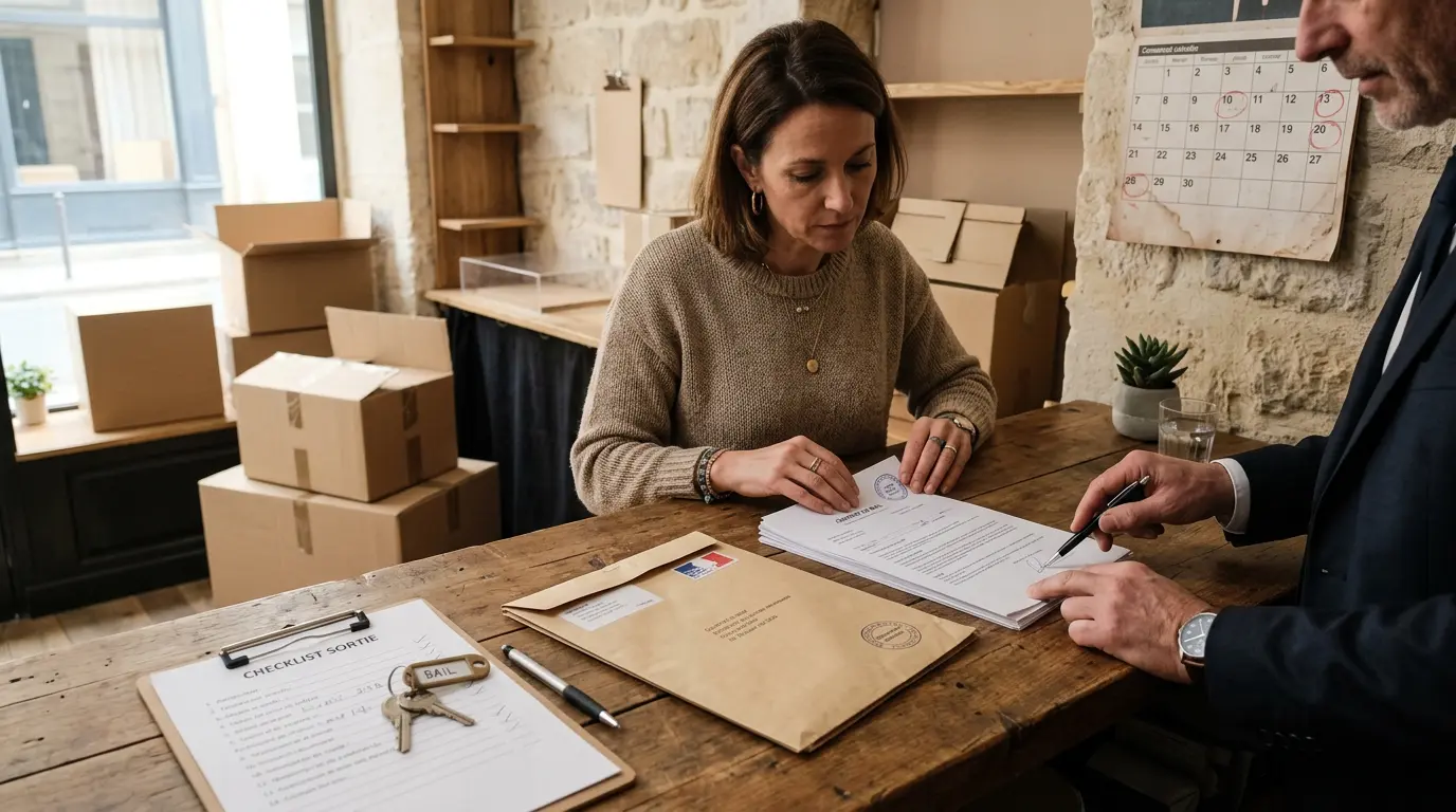 Scène d'une résiliation bail commercial : documents, clés et entrepreneur examinant des papiers dans un magasin vide.