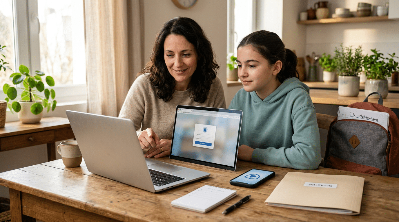 Parent et adolescent consultent le scolinfo site officiel sur un ordinateur, ambiance chaleureuse et sécurisée.
