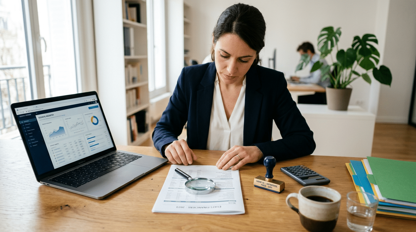Professionnel effectuant une diligence rapide sur une entreprise française avec un ordinateur, documents et outils sur un bureau.