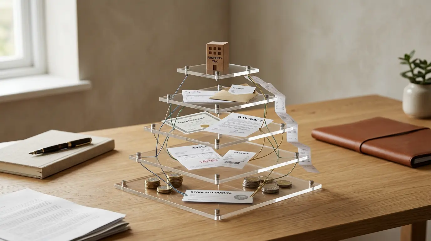 Minimaliste, un bureau avec une infographie en couches sur la taxe sur les holdings, illustrant les flux et la documentation.