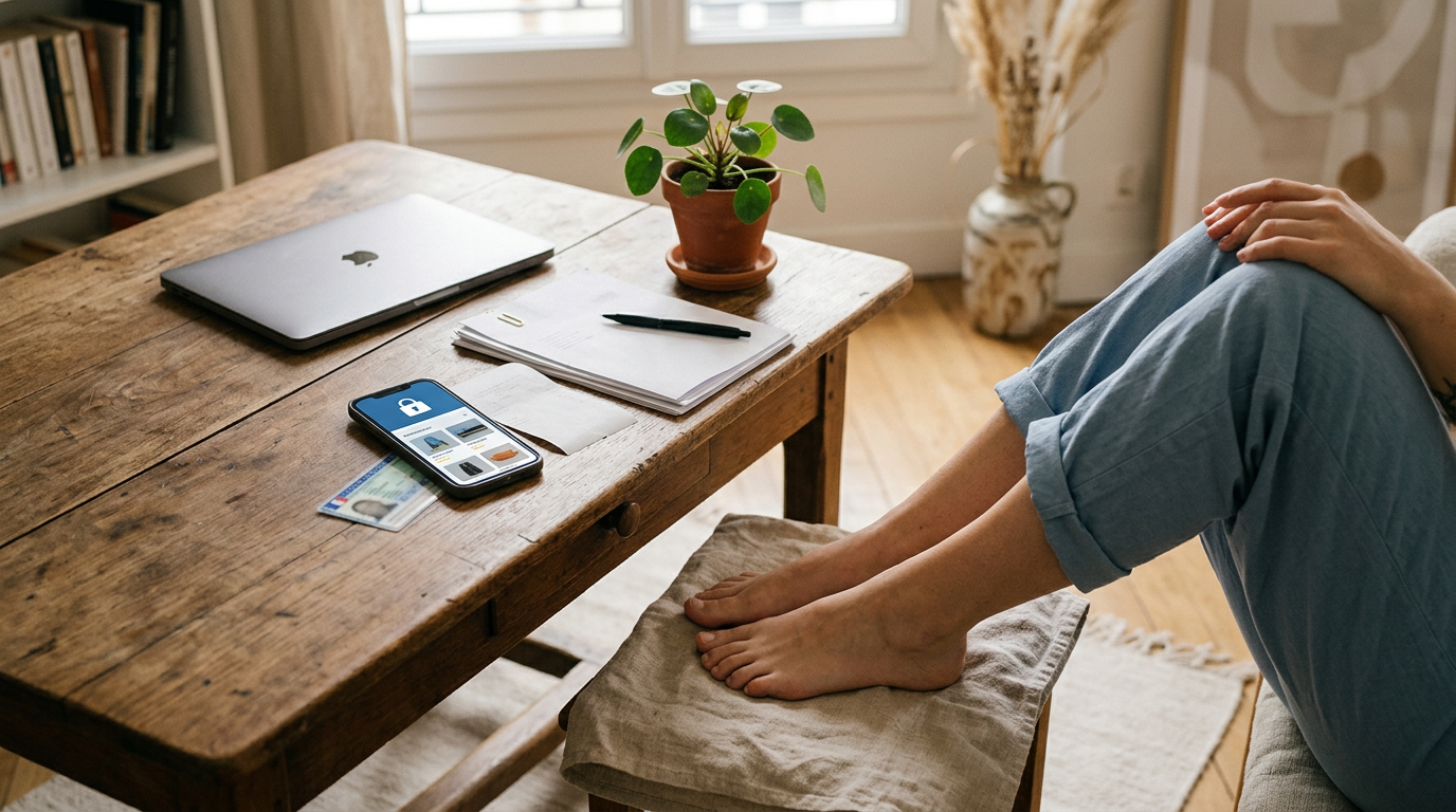 Scène minimaliste d'un bureau avec des pieds reposant sur une serviette, guide sur comment vendre ses pieds en toute sécurité.