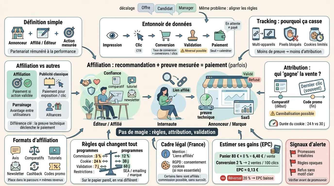 Infographie éducative sur l'affiliation def, illustrant le circuit d'affiliation et ses éléments clés avec des métaphores visuelles.