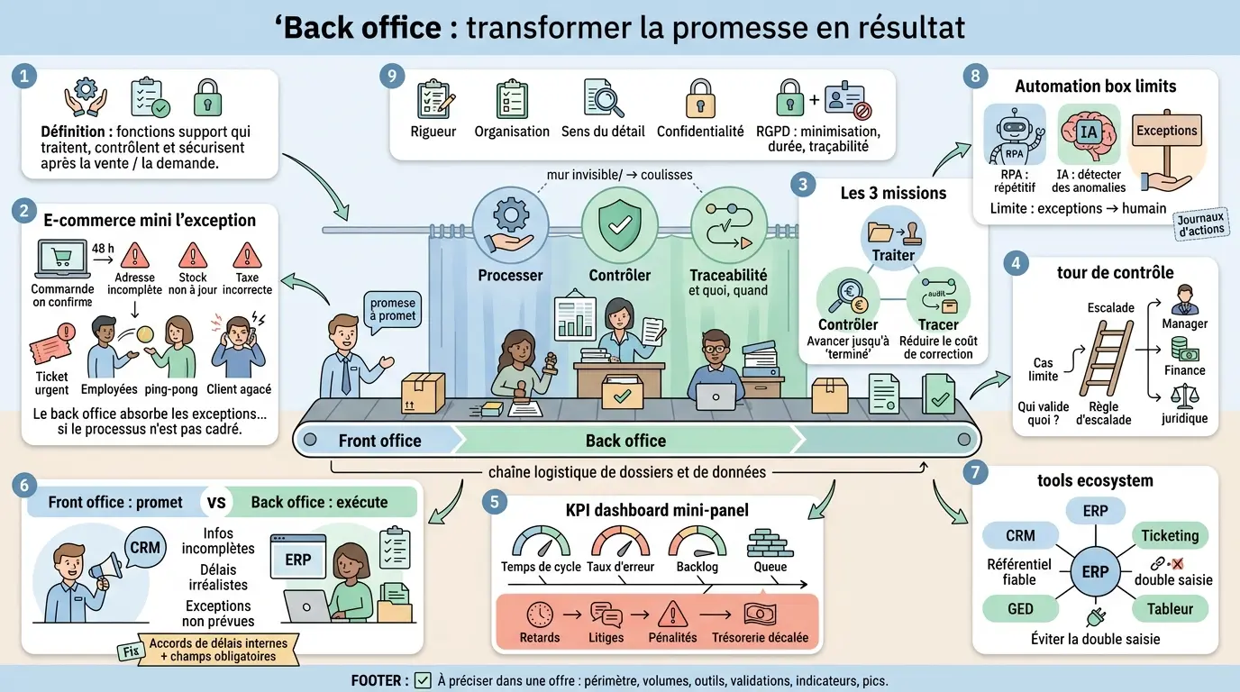 Infographie éducative illustrant la back office description : promesse, traitement, contrôle et résultats livrés.