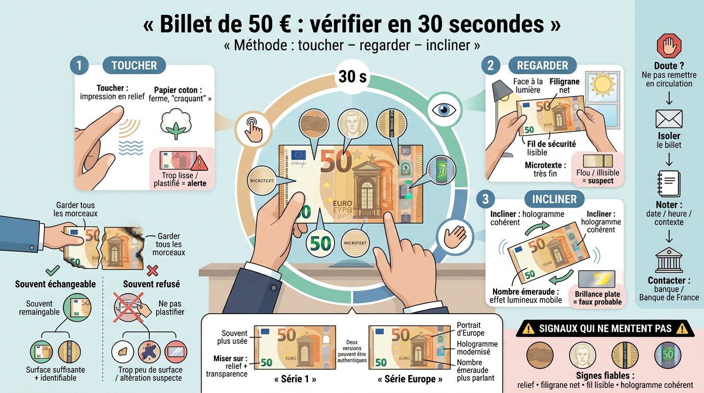 Infographie éducative sur la vérification d'un billet 50 euros en 30 secondes avec étapes tactiles, visuelles et d'inclinaison.
