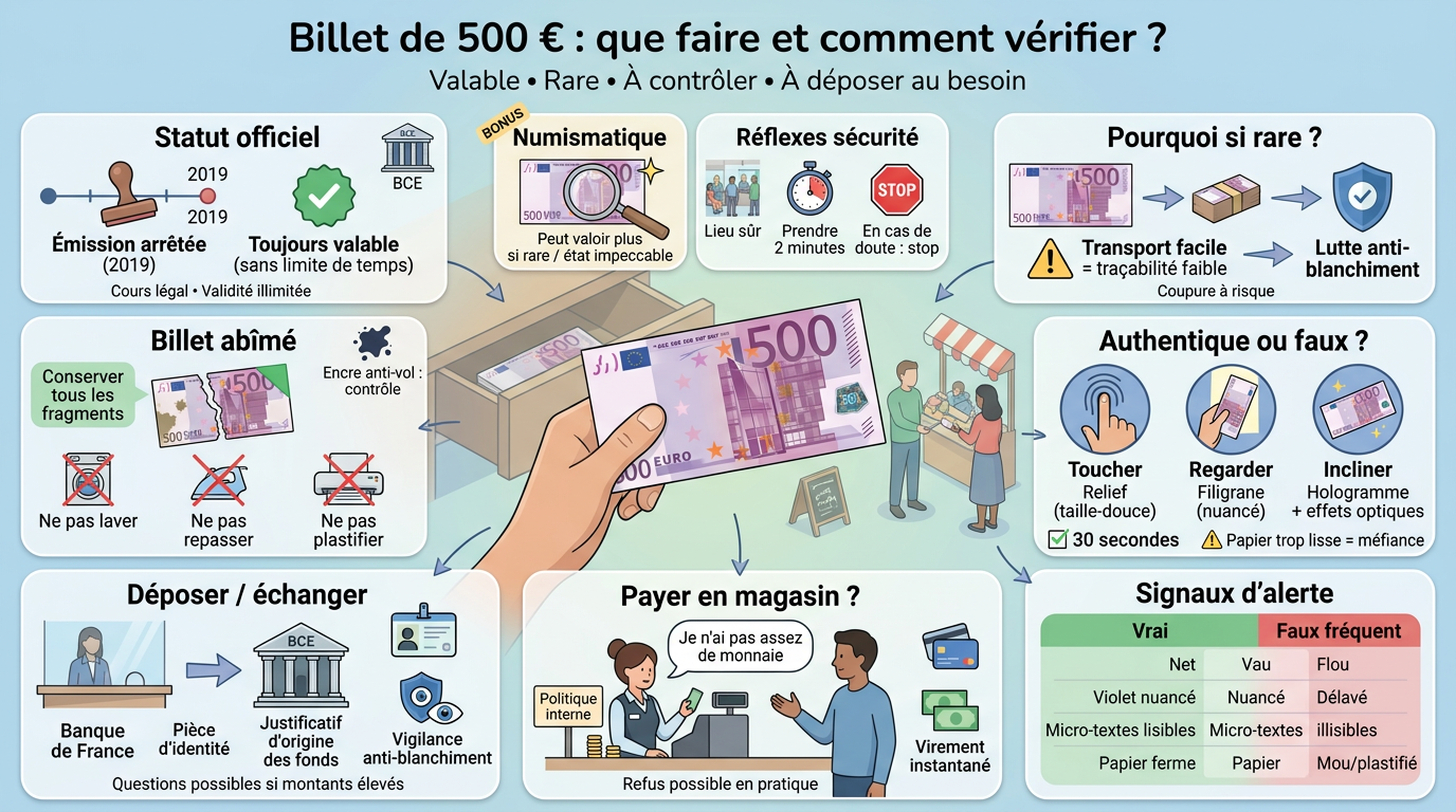 Infographie éducative sur le billet 500 euros : validité, vérification, risques et conseils pratiques.