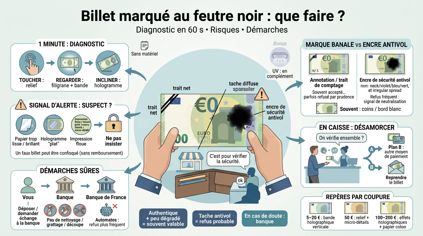 Infographie éducative sur le billet marque au feutre noir, diagnostic, risques et démarches avec illustrations claires et couleurs pastel.