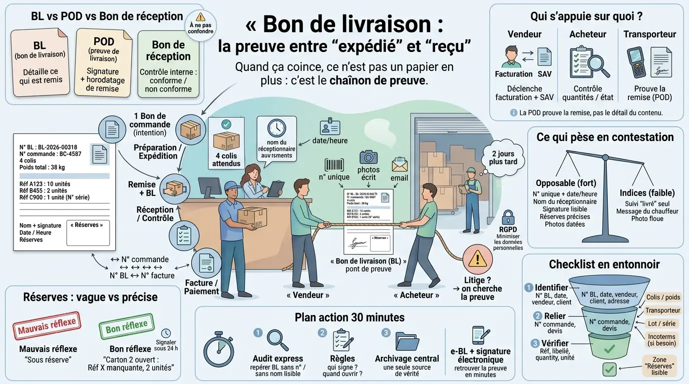 Infographie éducative sur le bon de livraison, illustrant son rôle clé entre commande, remise, réception et litige.