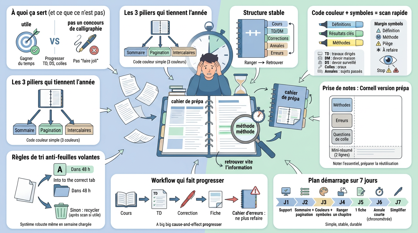 Infographie éducative sur le cahier de prepa, montrant un étudiant stressé transformant des feuilles en un cahier organisé avec des sections claires.