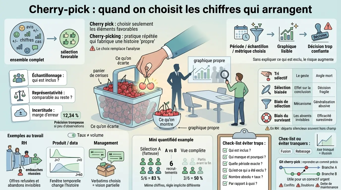 Infographie sur le cherry pick, illustrant la sélection de données favorables et les risques d'exclusion d'informations.
