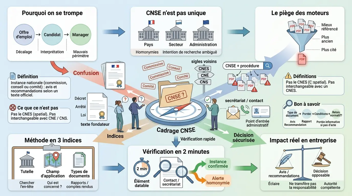 Infographie éducative illustrant comment identifier la bonne CNSE, avec des métaphores visuelles et des modules explicatifs.
