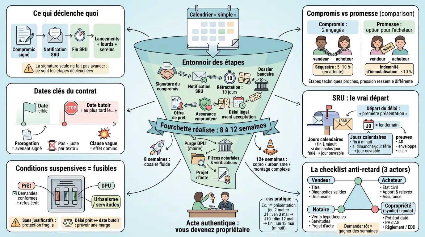 Infographie illustrant le compromis de vente délai, avec un entonnoir des étapes jusqu'à l'acte authentique en immobilier.