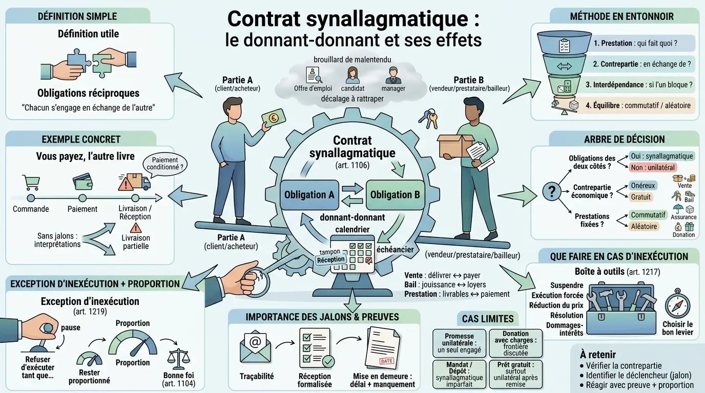 Infographie éducative sur les contrats synallagmatiques, illustrant obligations réciproques et mécanismes d'échange.