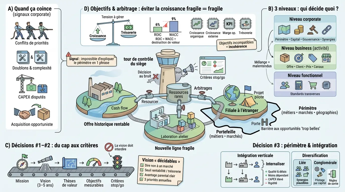 Infographie sur la corporate stratégie illustrant 7 décisions clés avec une tour de contrôle, des îles et des diagrammes explicatifs.