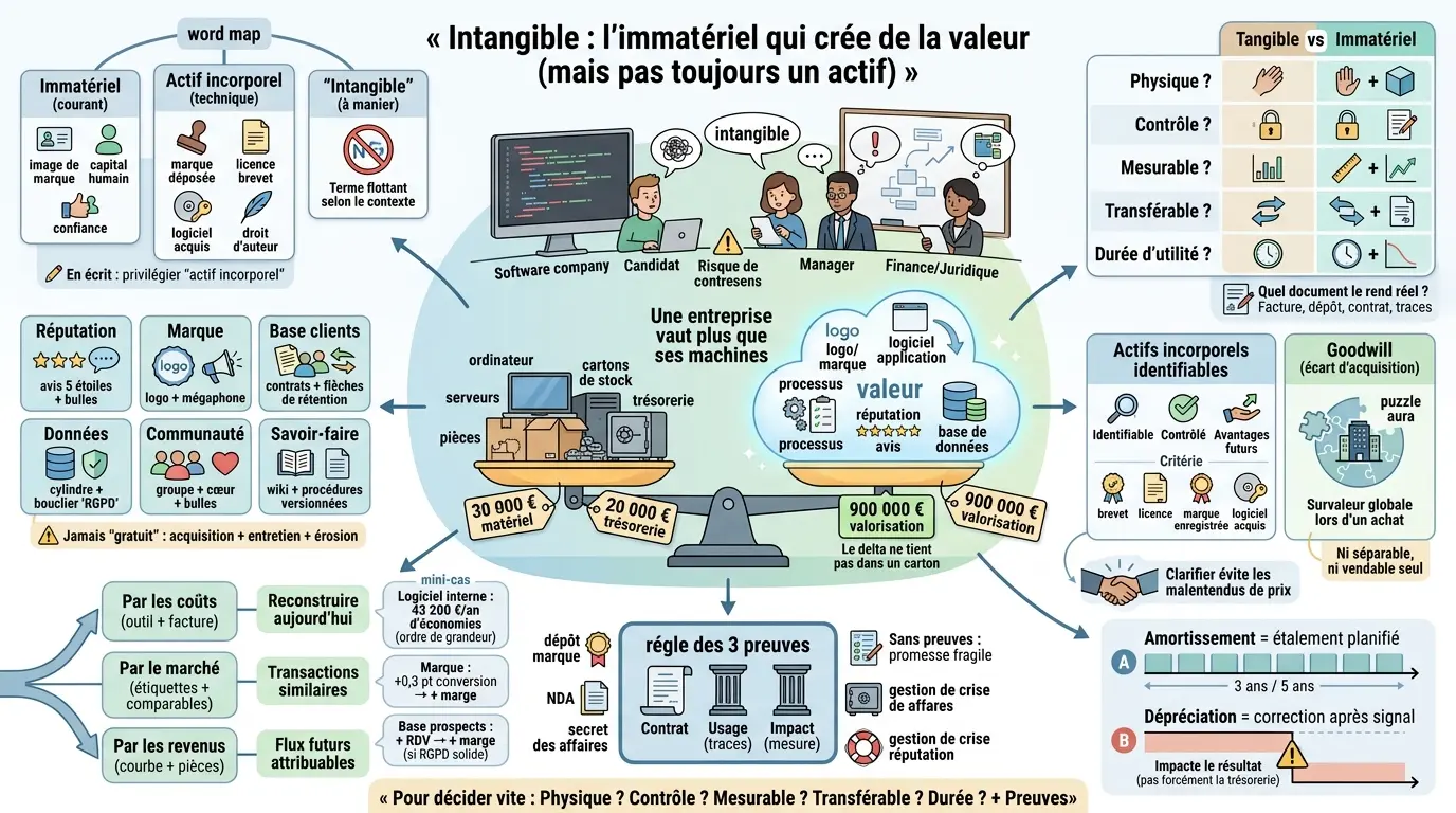 Infographie éducative sur la definition intangible en entreprise, illustrant actifs incorporels, confusion avec immatériel et goodwill.