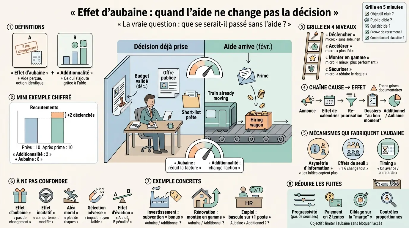 Infographie illustrant l'effet d'aubaine en aide publique, montrant la distinction entre aide et incitation avec des métaphores visuelles.