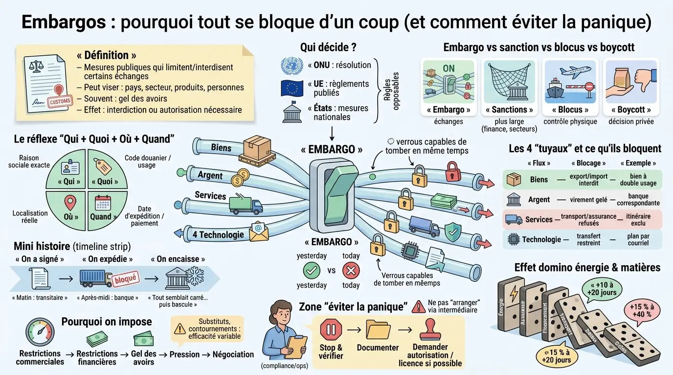 Infographie éducative sur les embargos, illustrant leurs effets sur biens, argent, services et technologie avec des métaphores visuelles.